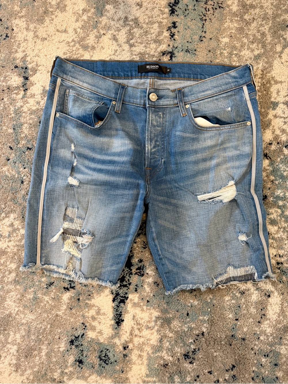Hudson Los Angeles Men’s Blue Distressed Denim Shorts with White Side Stripe - S